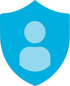 Shield with person silhouette on a blue background.