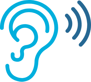 Ear with sound waves in shades of blue.