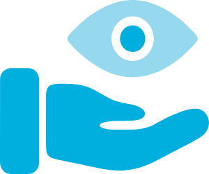 Eye above a hand in shades of blue.