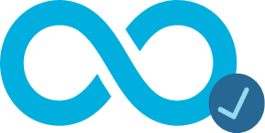 Infinity symbol with a checkmark in blue.