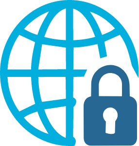 Globe with a padlock in blue tones.