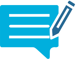 Speech bubble with pencil in blue tones.