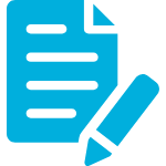 Blue icon of a document with lines of text and a pencil beside it.