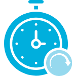 Blue icon of a stopwatch with a circular arrow symbol in front of it.