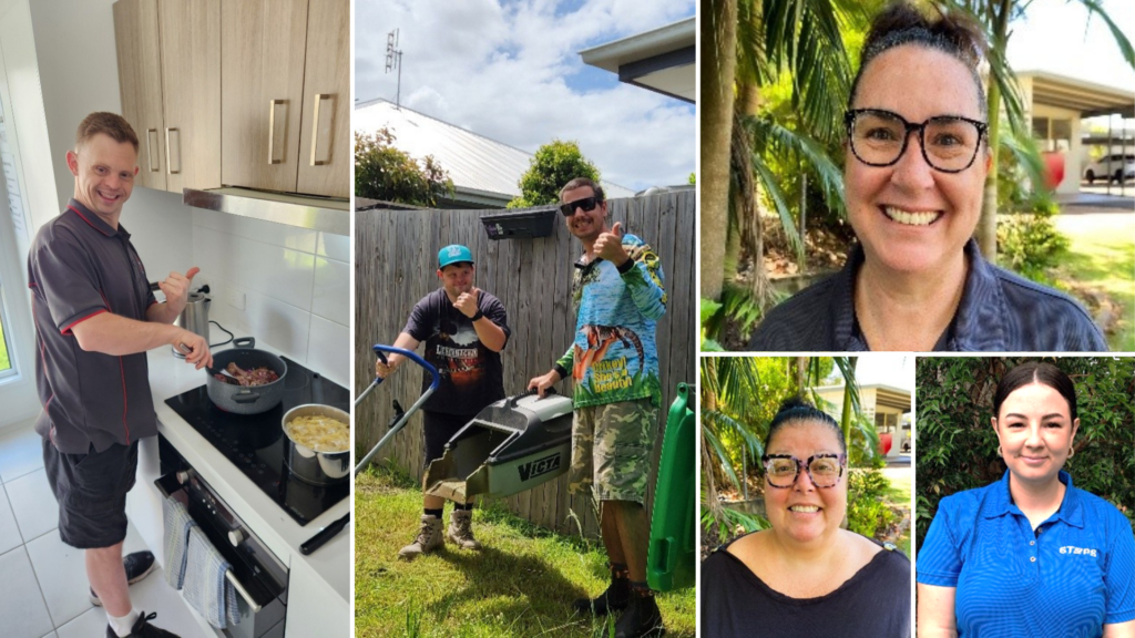 A collage image of five different photos: One of a man cooking; one of two men mowing the lawn; and a portrait image of each of the three Rostering Team members.