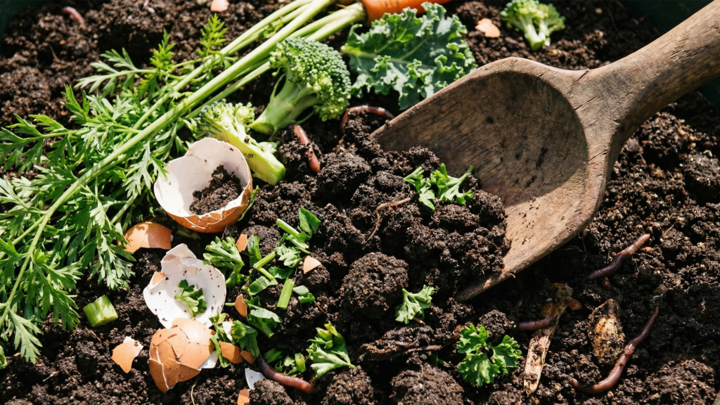 Close-up of organic compost with vegetable scraps eggshells and earthworms in rich garden soil