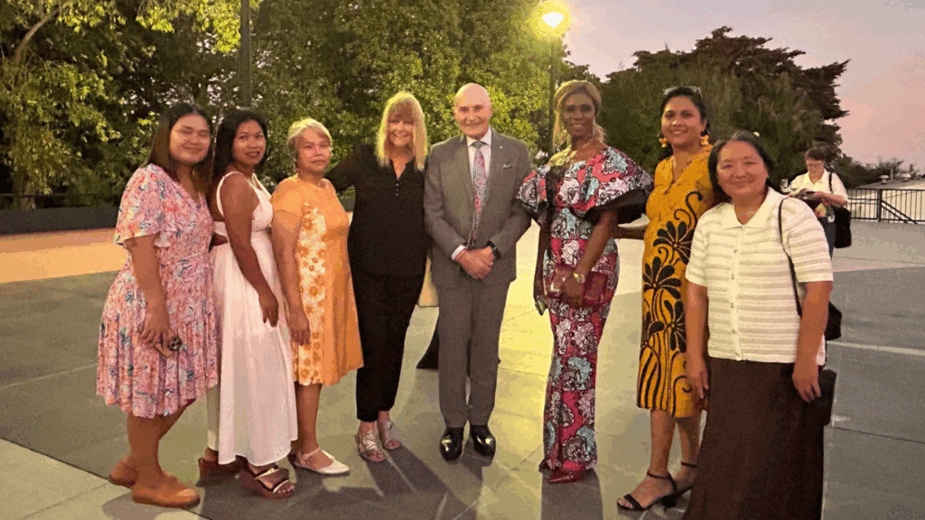 His Honour Professor the Honourable Hugh Heggie AO PSM (middle) with STEPS Regional Manager for the Northern Territory Yvonne Coleman and STEPS AMEP clients outside Government House