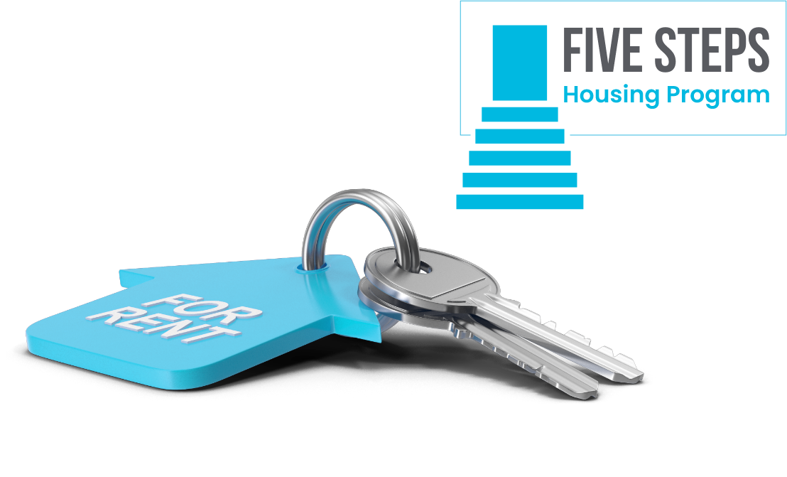 A set of keys with a tag attached saying 'for rent' along with a icon of a door with the text 'Five STEPS Housing Program'