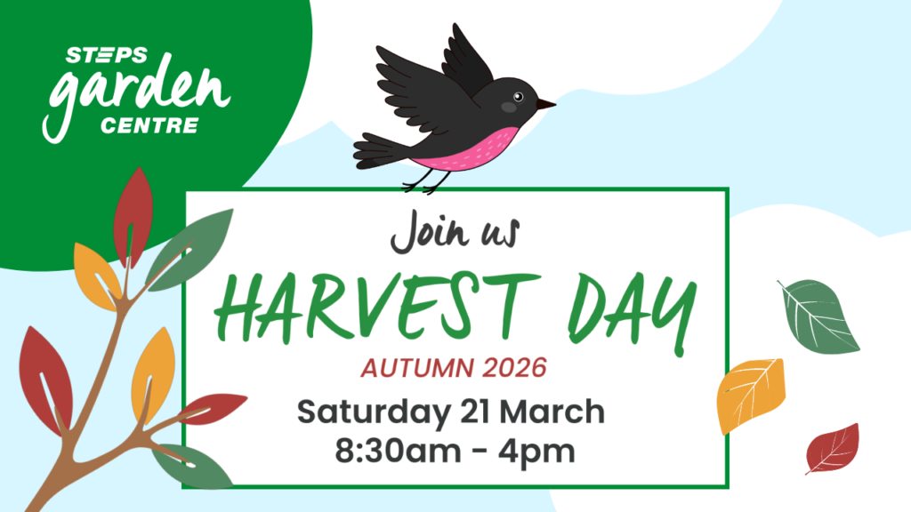 An image with a bird and the text 'STEPS Garden Centre. Join us. Harvest Day Autumn 2026. Saturday 21 March, 8:30am - 4pm'