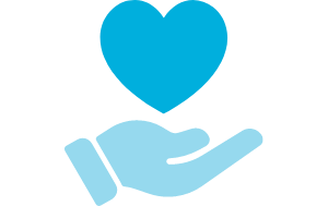 Blue hand and heart icon representing care, compassion and person-centred support.