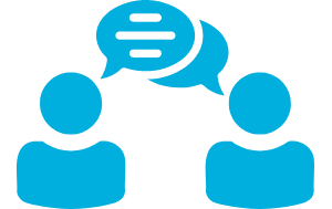 Blue communication icon showing two people with speech bubbles above them, representing conversation, collaboration and support.