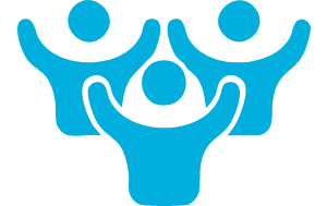 Blue icon featuring three stylised people with raised arms, representing support, inclusion and community.