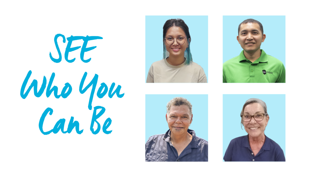 Blue text “SEE Who You Can Be” with pictures of STEPS SEE Program participants Somalisa, Raymond, Darryl and Lorraine.