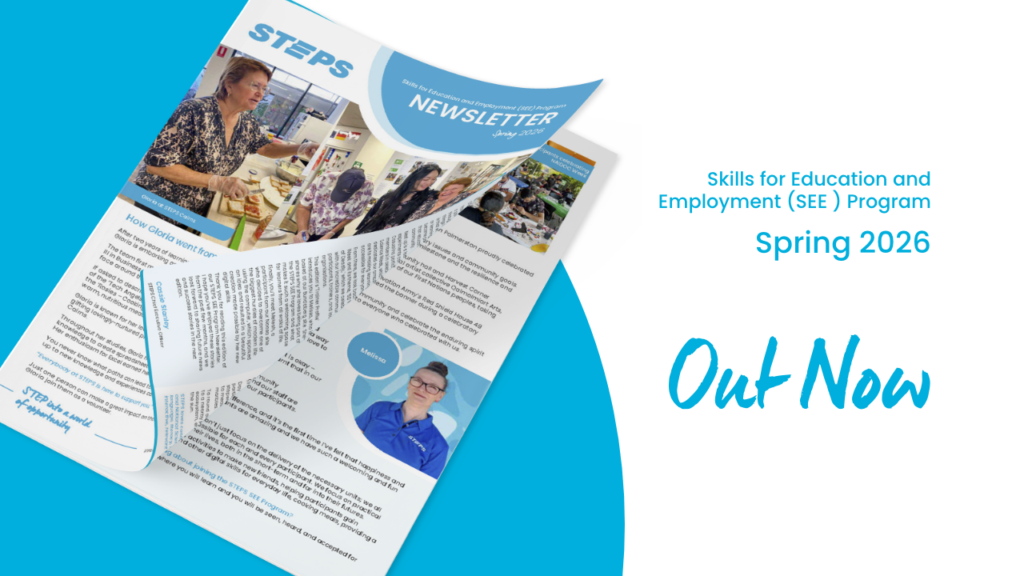 A mock-up of the print newsletter, with text: Skills for Education and Employment (SEE) Program Newsletter - Spring 2026 - Out now