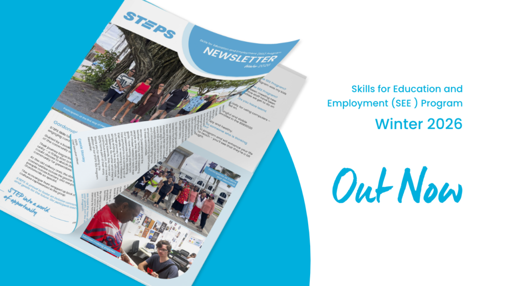 Promotional graphic showing a folded STEPS SEE Program Winter 2026 newsletter with “Out Now” text.
