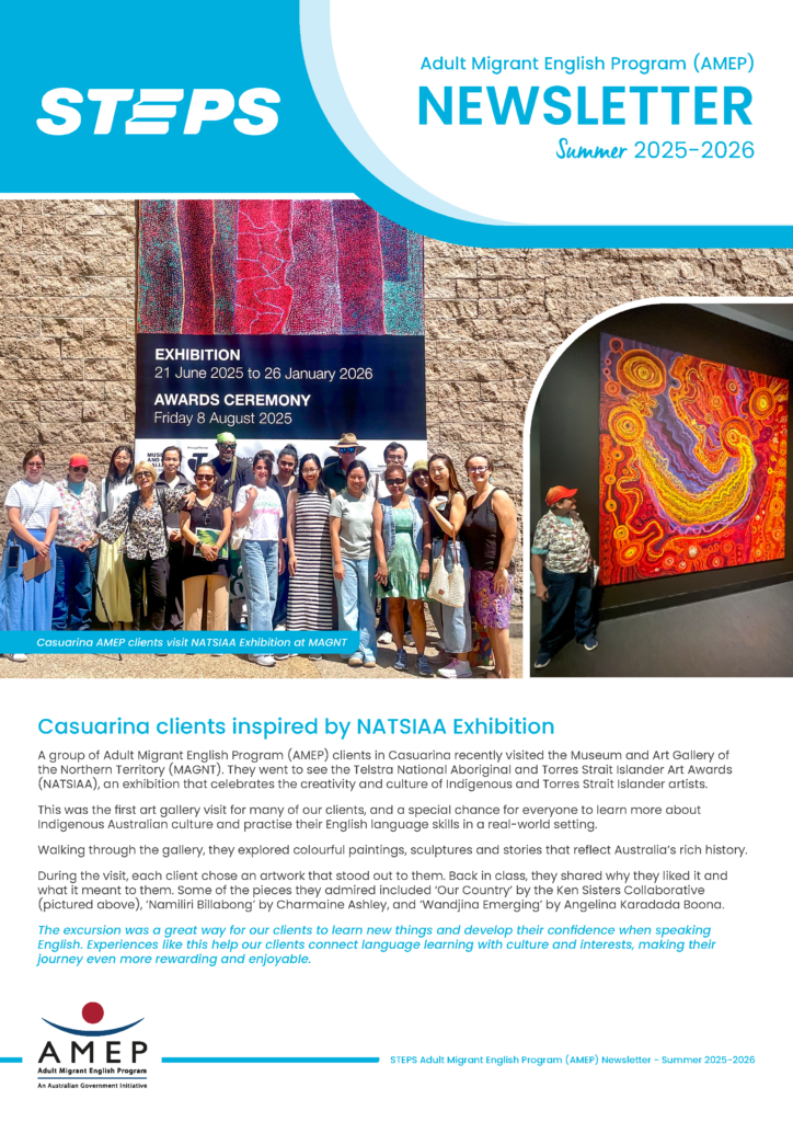 Cover for the STEPS Adult Migrant English Program (AMEP)s Summer 2025 - 2026 newsletter