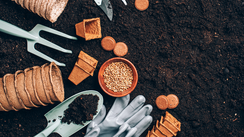 A birds-eye view of gardening supplies, including seeds and gloves, placed on top of moist soil.