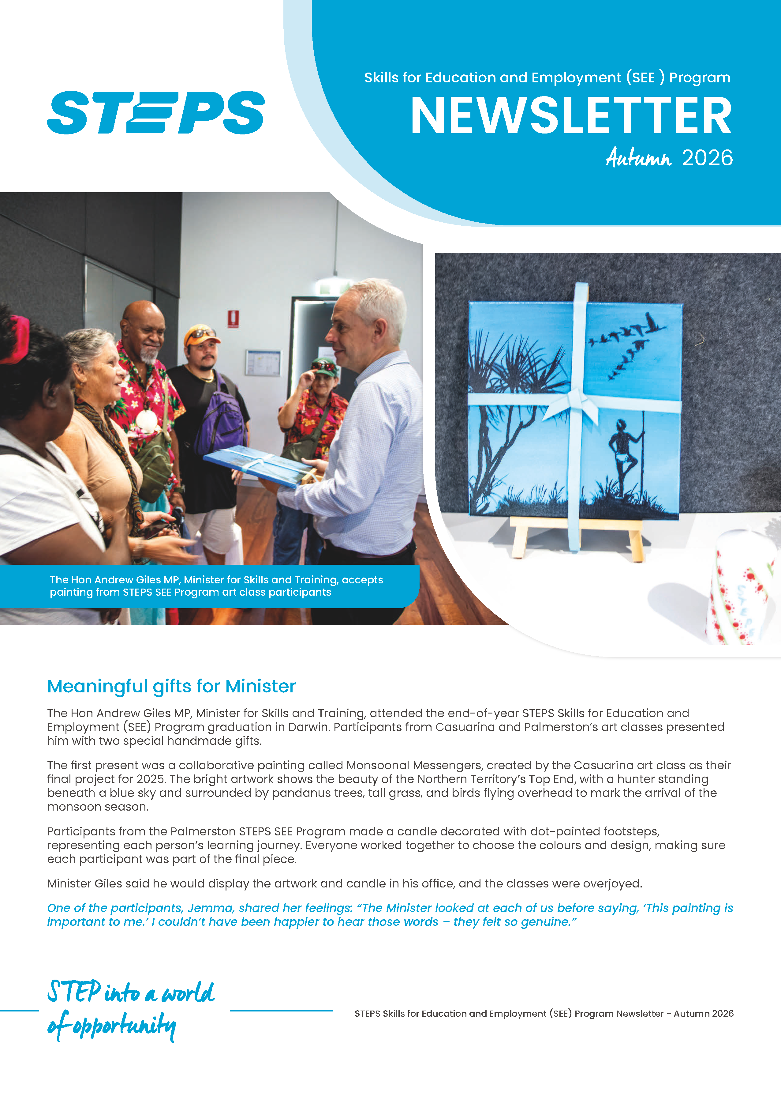 Minister Andrew Giles receives artwork created by SEE Program participants during a visit, with students and staff gathered around.