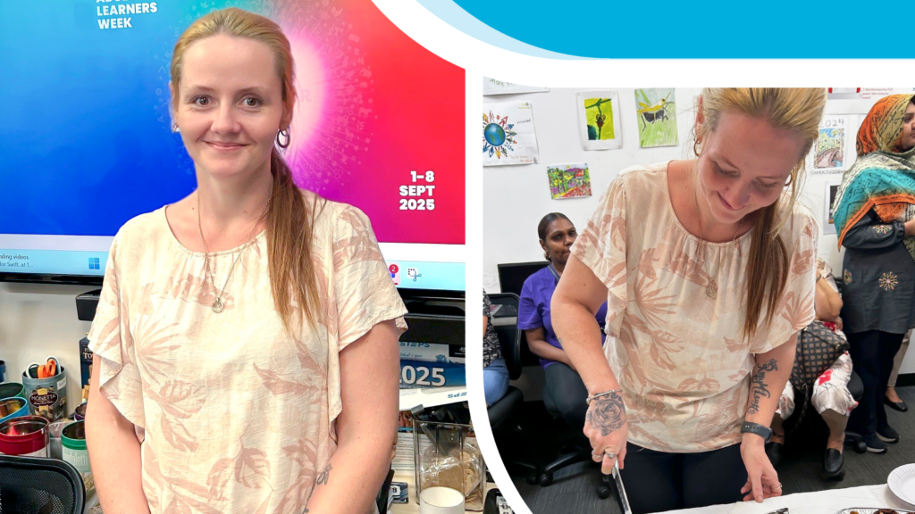 Two photos of Teegan, a STEPS Skills for Education and Employment participant. In the first photo, Teegan is smiling. In the second, she slices a cake to celebrate winning the Adult Learners Week scholarship.