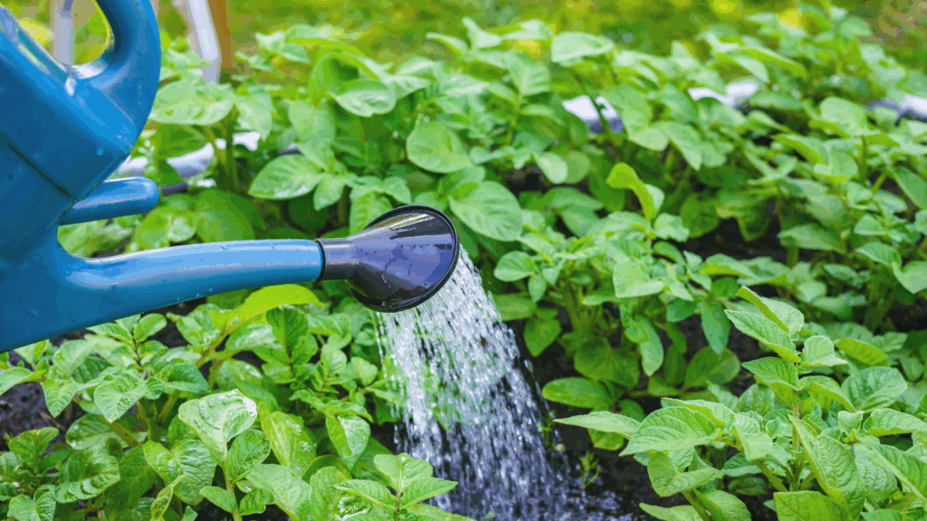 Blue watering can waters small garden with bright green leaves.