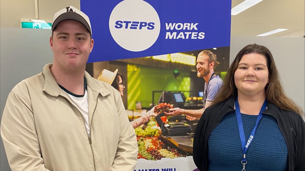 Will (L), STEPS Work Mates participant, with Carissa (R), STEPS Job Readiness Trainer, in STEPS Hobart office