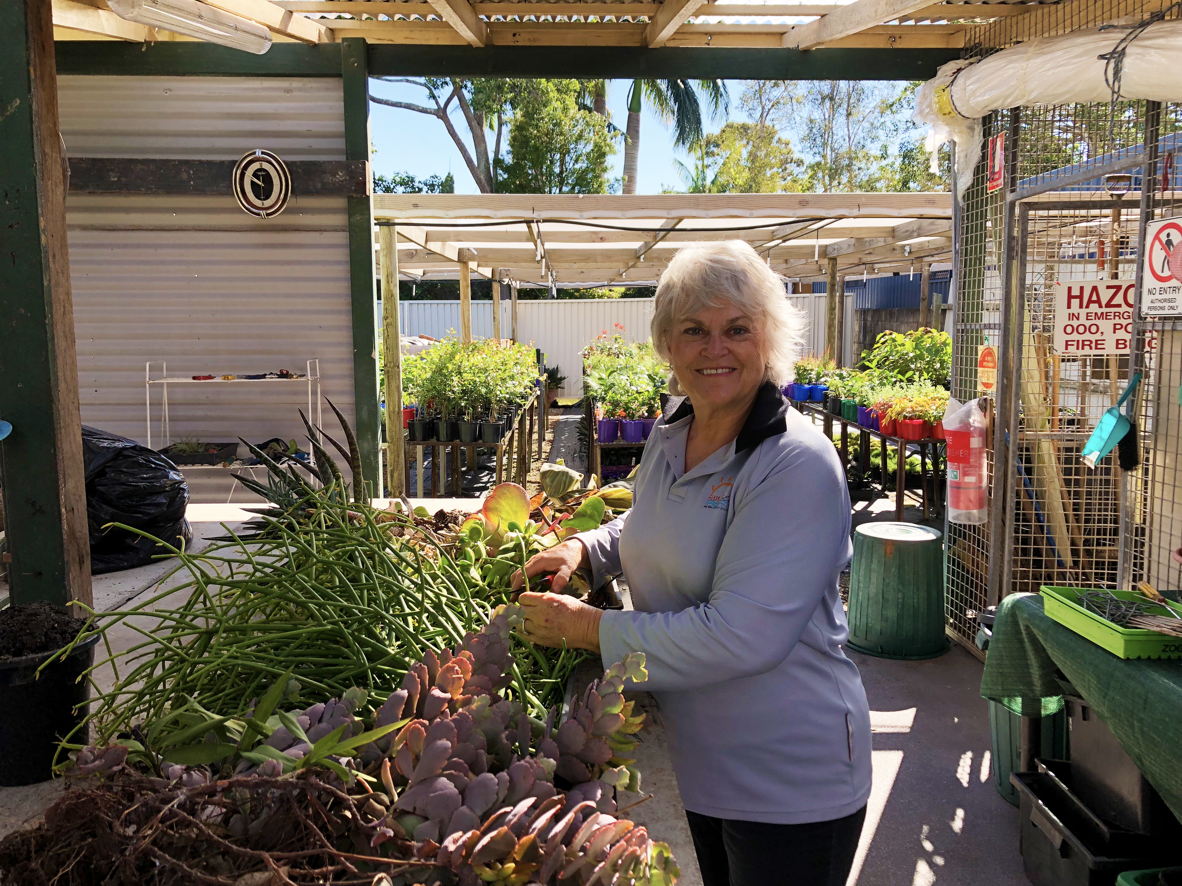 Julie-Campbell-STEPS-Nursery-volunteer-cutting-plants-in-shed