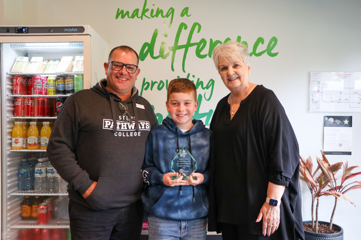 Nate Nelson pictured with STEPS Managing Director Carmel Crouch and STEPS Pathways Charity Executive Manager Michael Williamson. Nate raised over $3000 for Steps for STEPS.