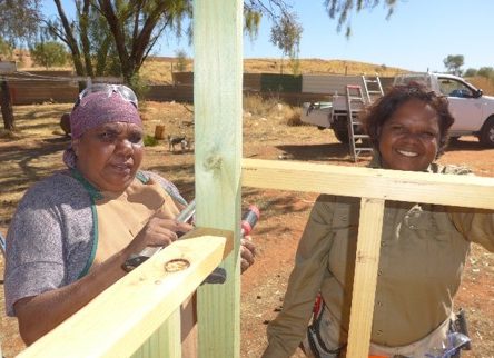 Two women smile while constructing a cubby house